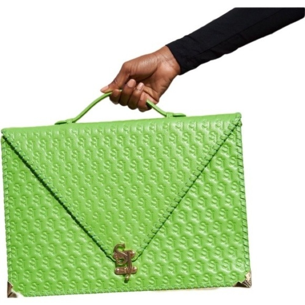 Sassy Jones Neo Green Embossed Leather Laptop Case Oversized Envelope Clutch NEW - Picture 2 of 9